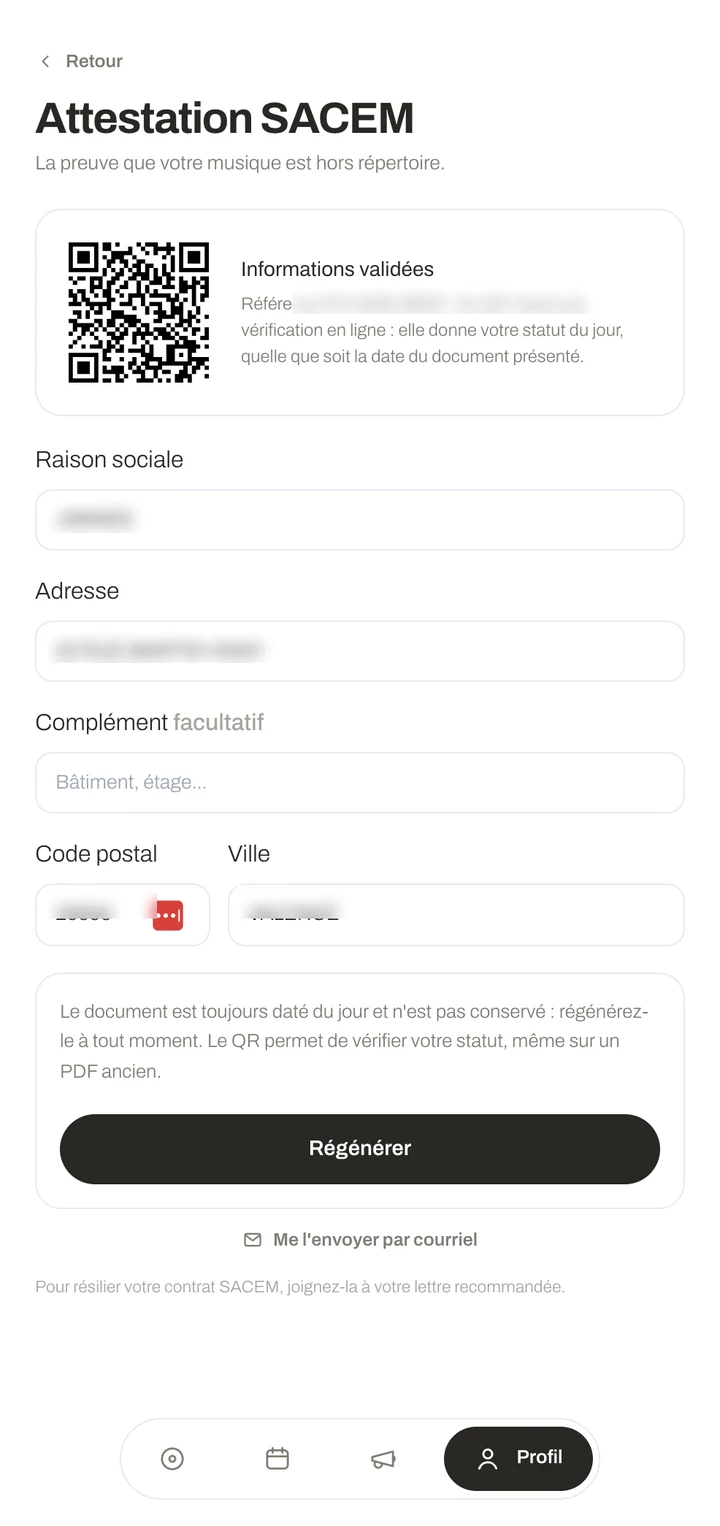 L'attestation SACEM dans PlaySafe : QR code de vérification, raison sociale et adresse de l'établissement