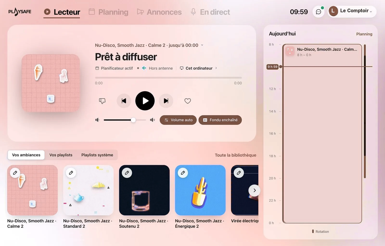L'application PlaySafe sur ordinateur : le lecteur, le planning de la journée et les ambiances