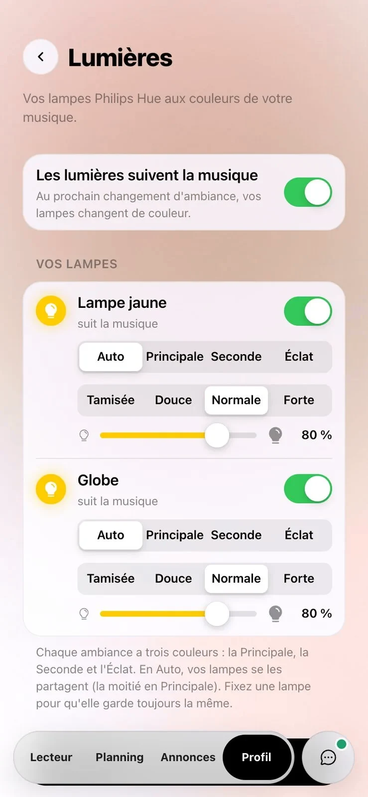 La page Lumières sur téléphone : lampe par lampe, couleur et puissance