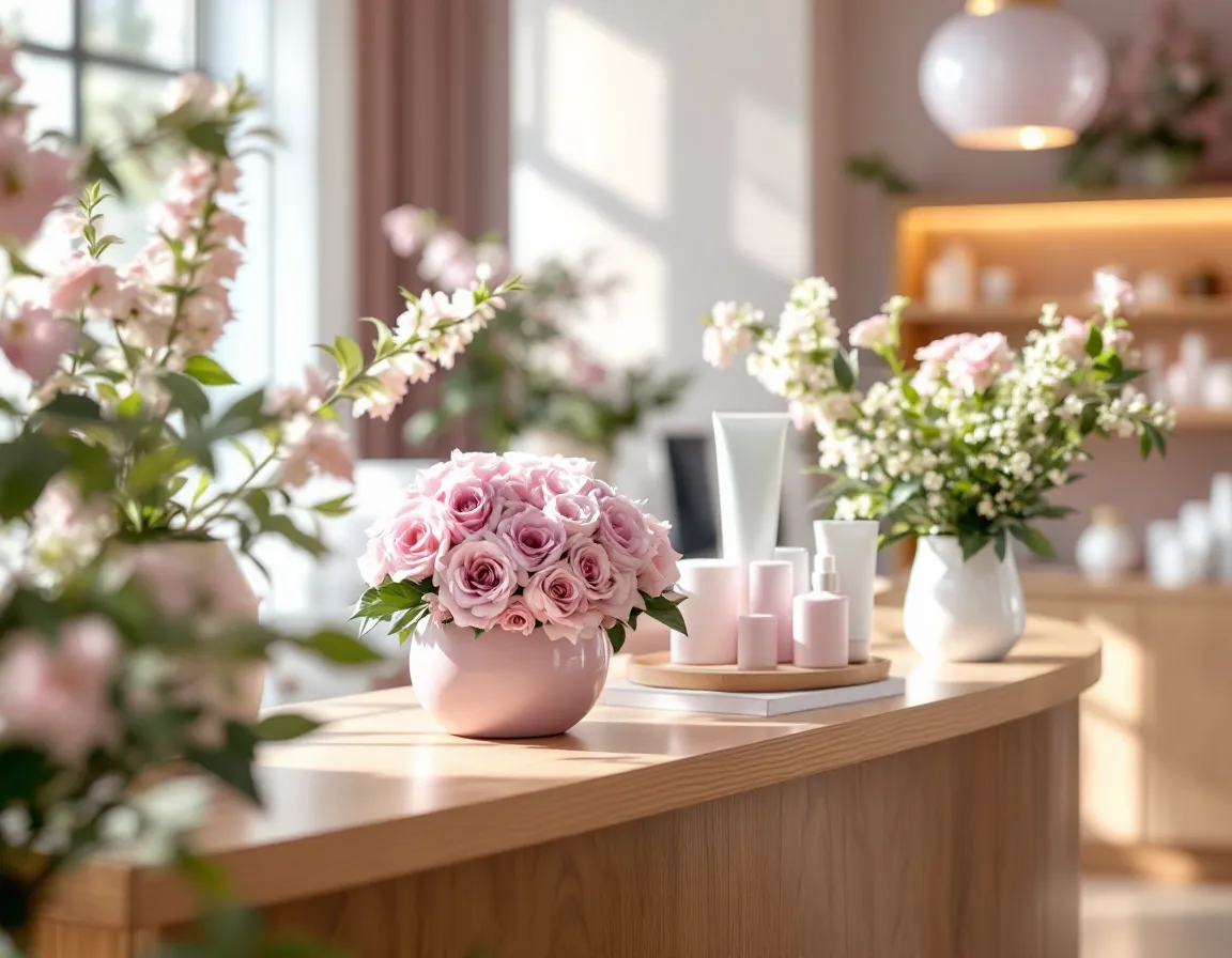 Accueil d'un institut de beauté avec bouquet et présentoir de produits