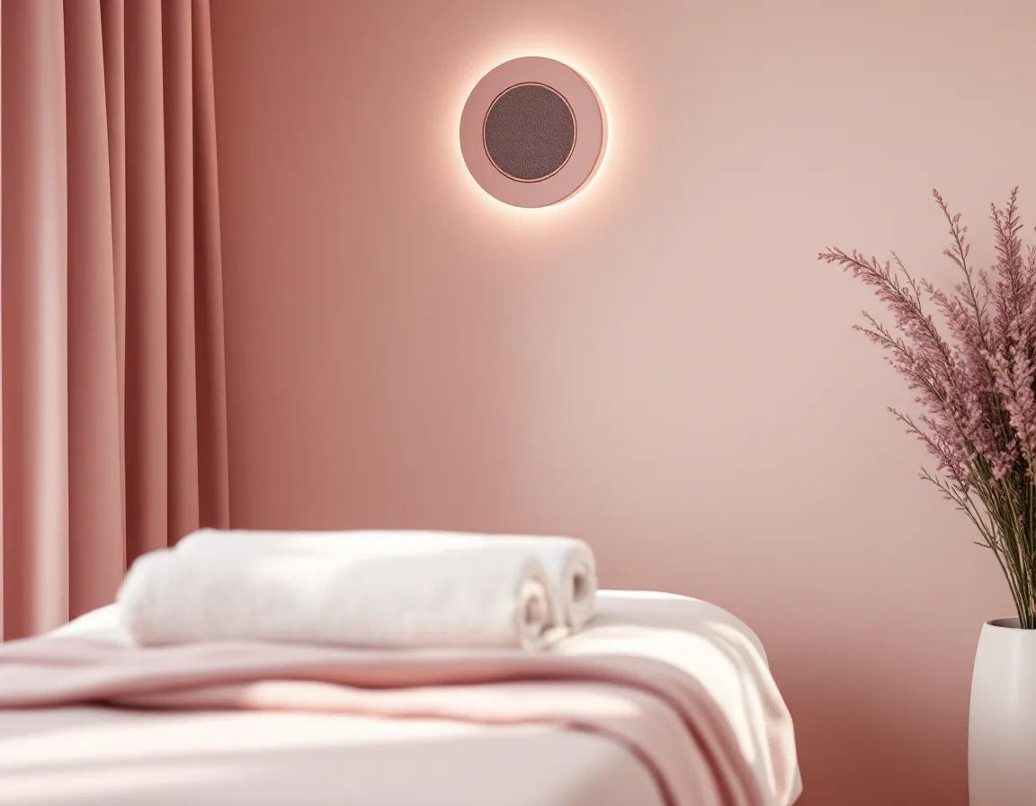 Cabine de soin calme avec lit de soin et petite enceinte discrète au mur