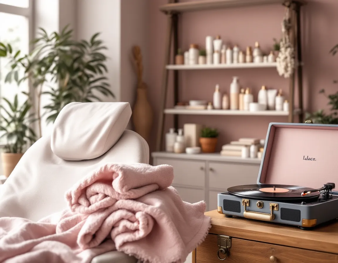 Institut de beauté de quartier, fauteuil de soin, serviettes roses et produits sur des étagères, platine vinyle