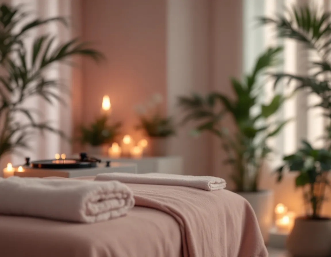 Salle de massage, table, serviettes pliées et lumière tamisée, platine vinyle