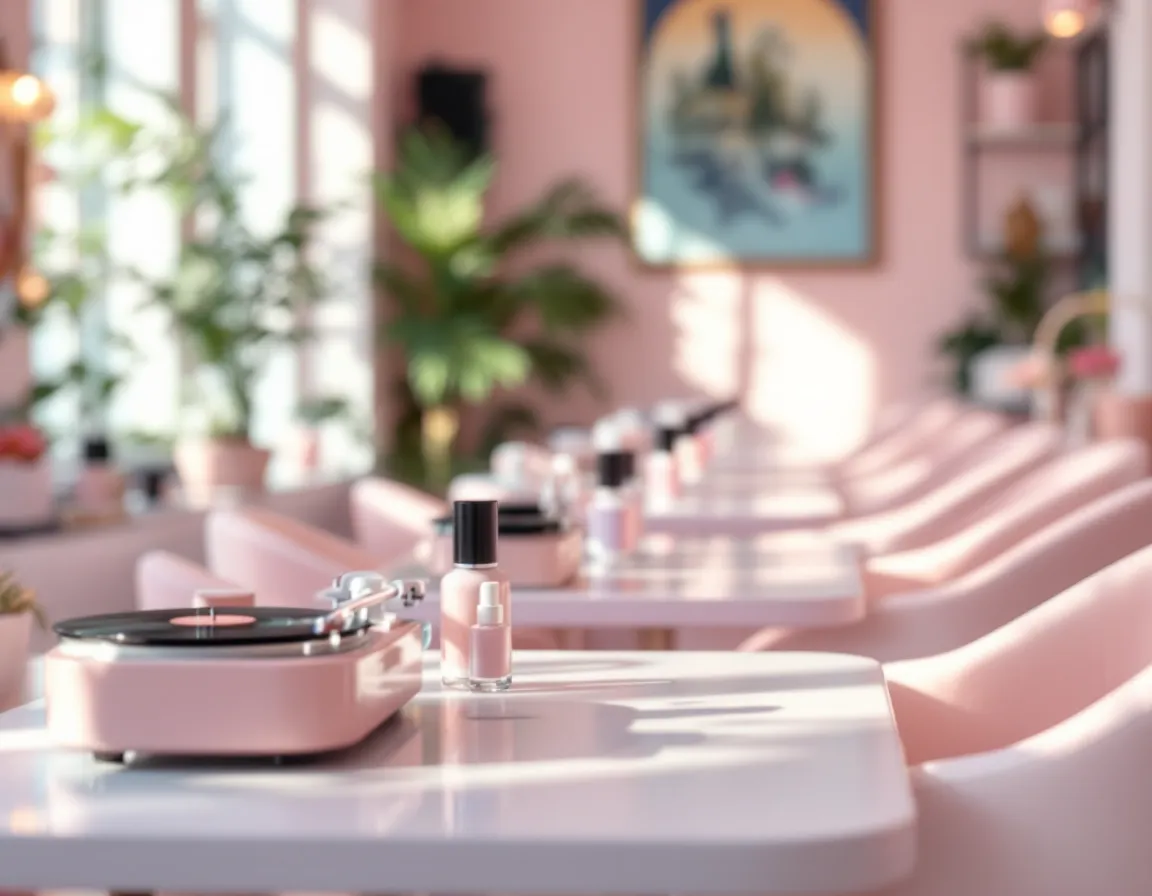 Tables de manucure d'une onglerie, flacons de vernis pastel et platine vinyle