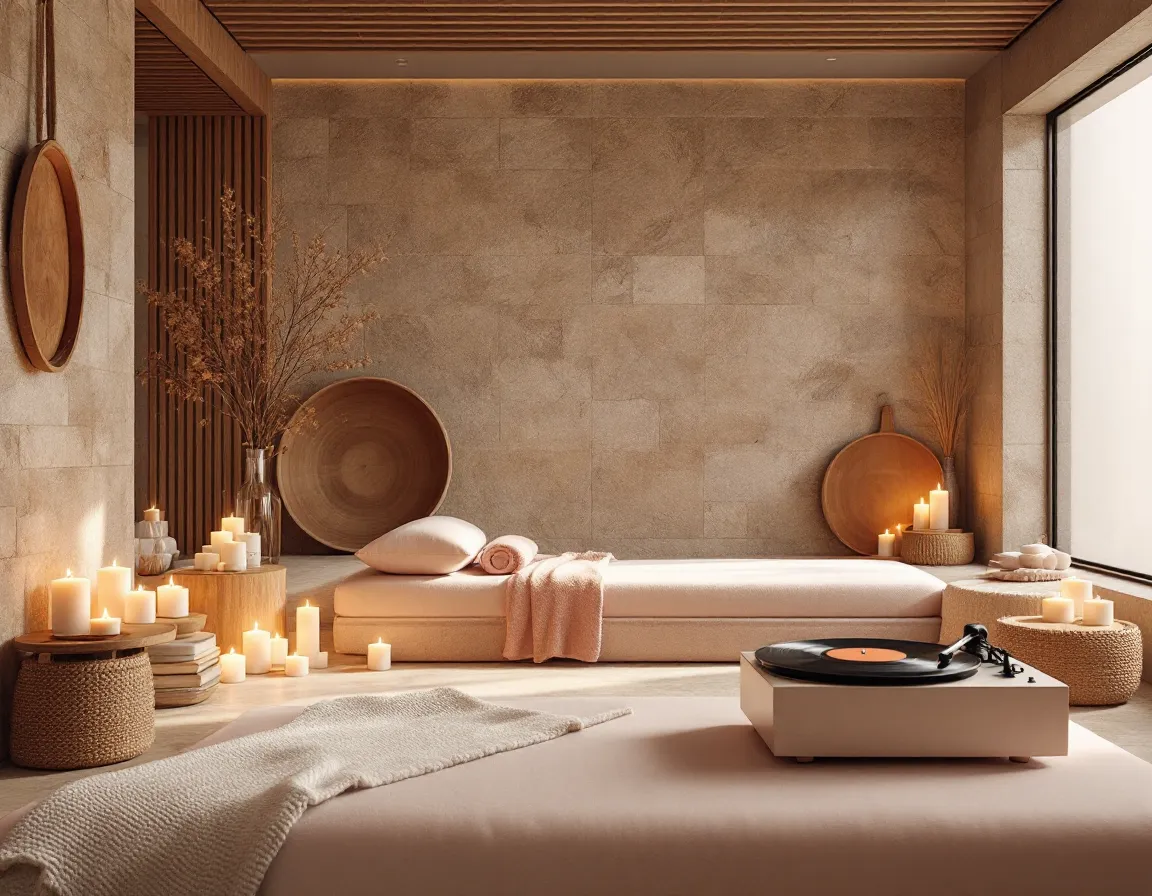 Salle de repos d'un spa, pierre et bois, bougies et transats, platine vinyle