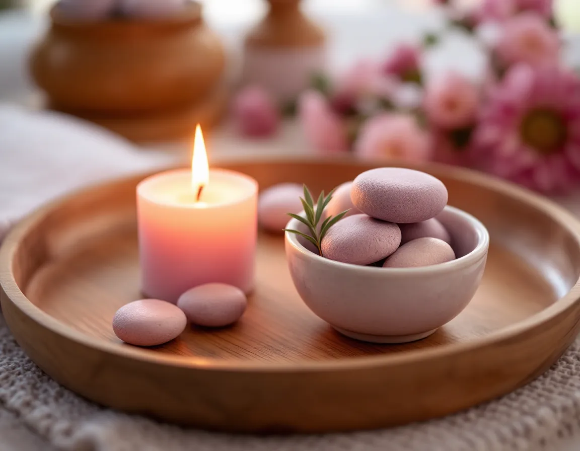 Bougie allumée, galets de massage et eucalyptus sur un plateau en bois