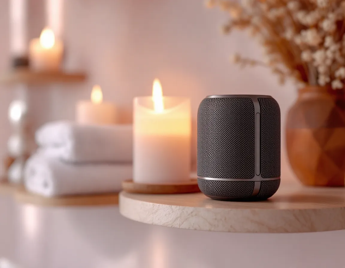 Petite enceinte sans fil posée près de bougies et d'une serviette