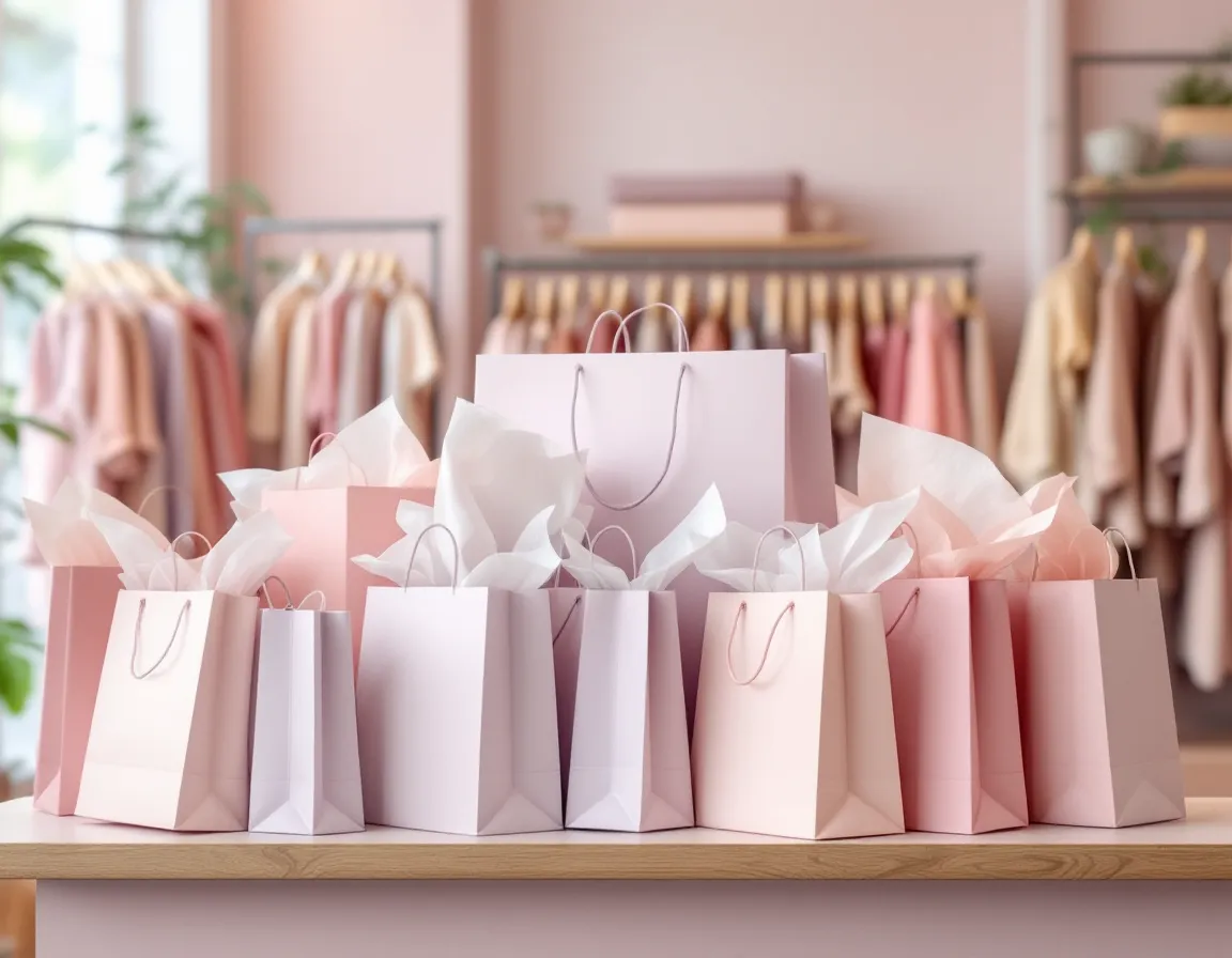 Comptoir chargé de sacs de courses pastel un samedi, portants de vêtements derrière