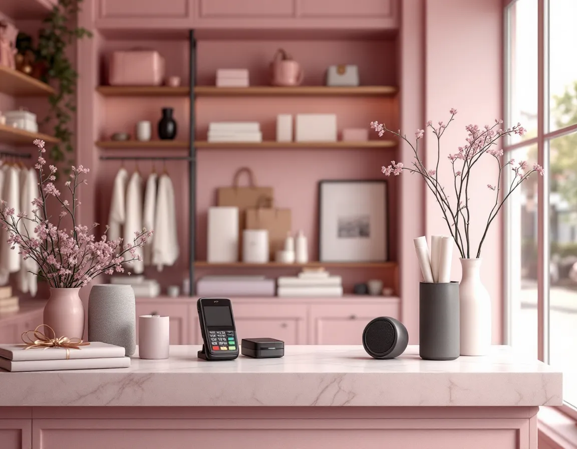 Comptoir de caisse d'une boutique avec terminal de paiement et petite enceinte
