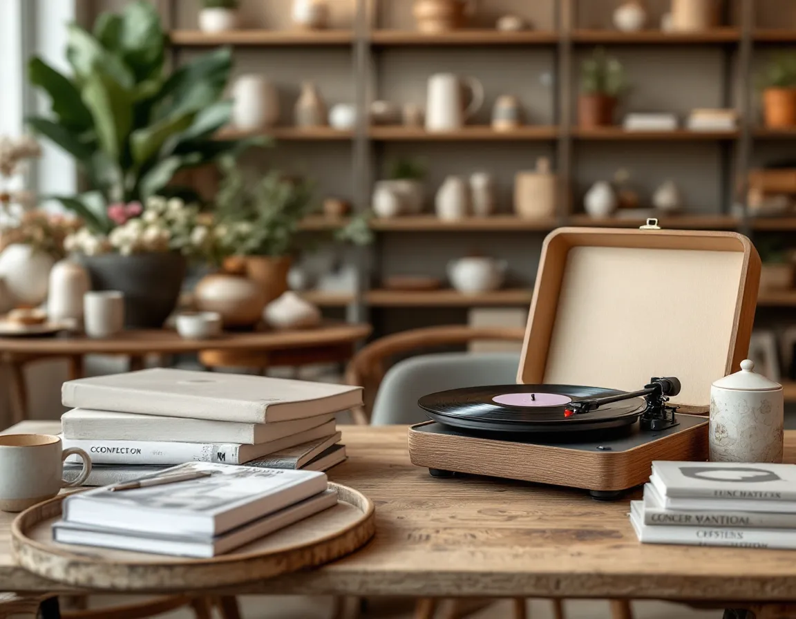 Concept store avec céramiques, livres et objets design sur des tables en bois, platine vinyle