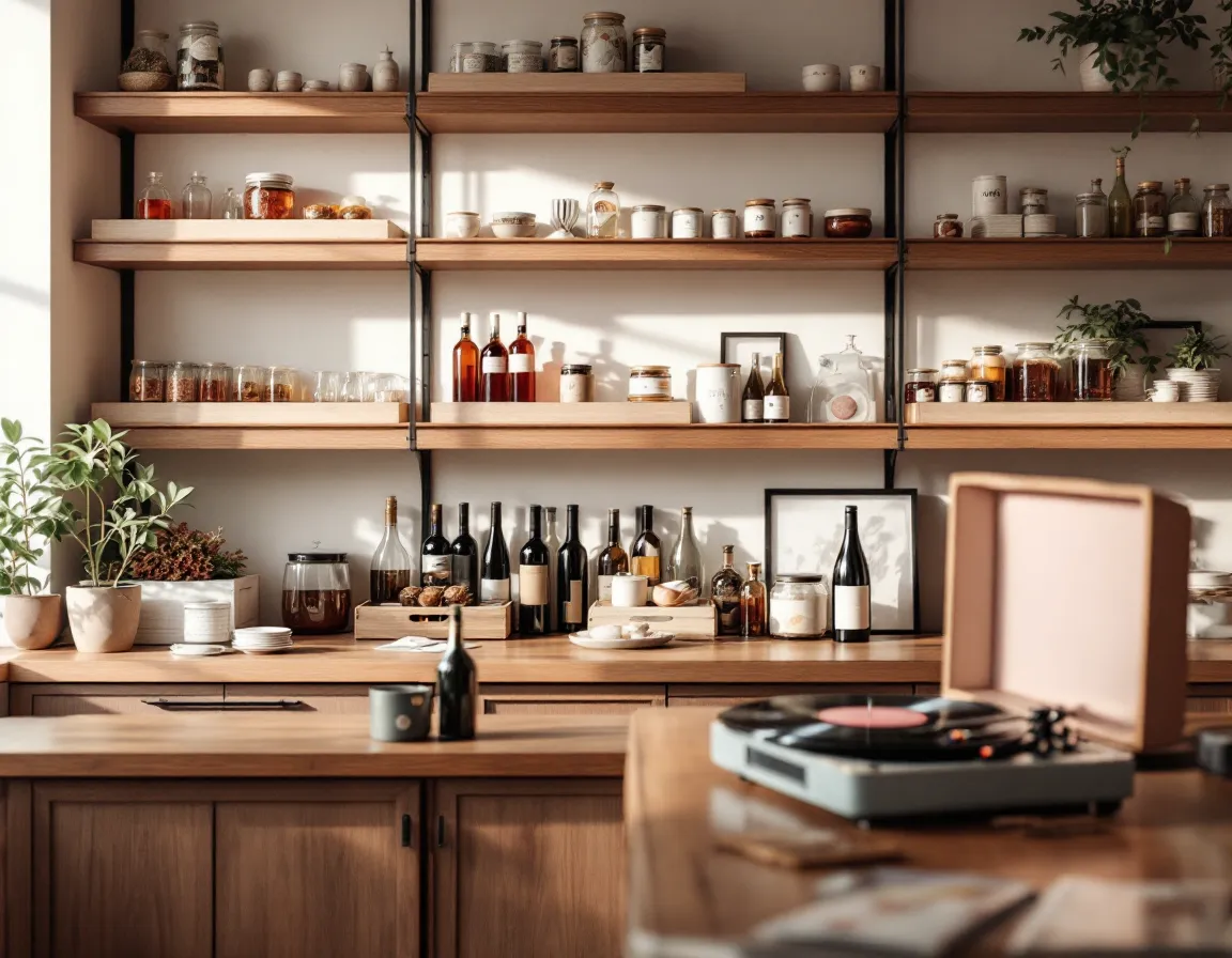 Épicerie fine et cave avec étagères de bouteilles et bocaux, comptoir en bois, platine vinyle