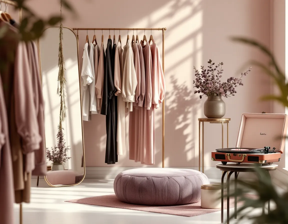 Boutique de mode avec portants, miroir et pouf en velours, platine vinyle