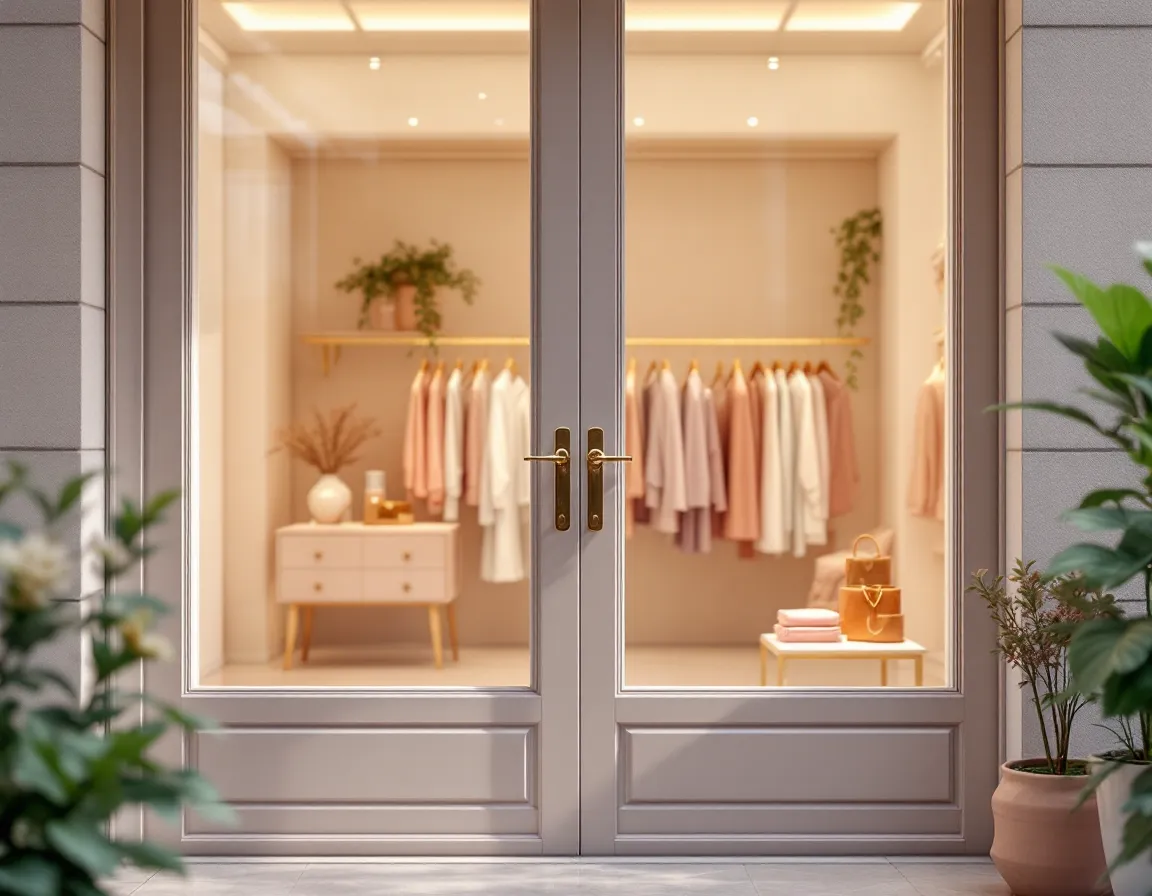 Entrée d'une boutique vue de l'intérieur, porte vitrée ouverte et vitrine