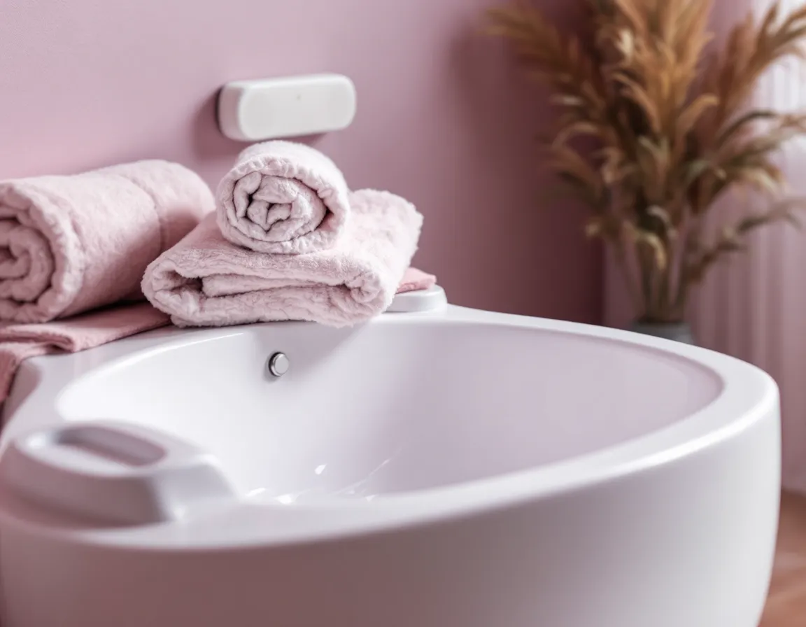 Bac à shampoing rose dans un salon de coiffure, serviettes roulées et petite enceinte murale