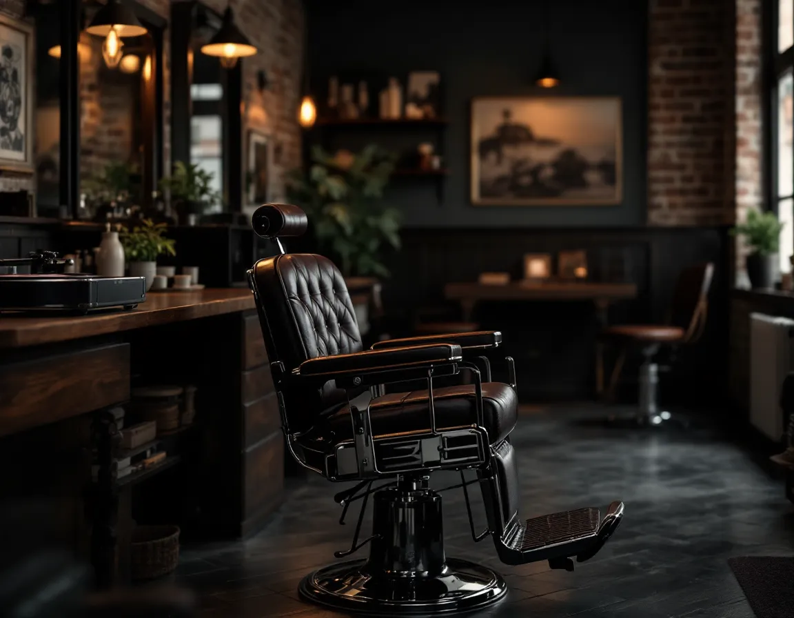 Barbershop au décor sombre, fauteuil de barbier en cuir, briques et bois
