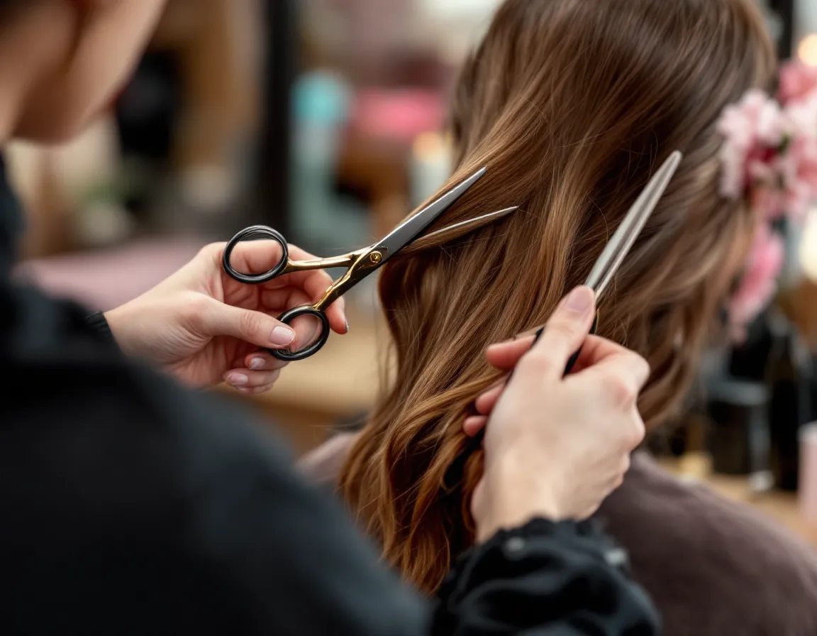 Mains d'une coiffeuse avec ciseaux et peigne pendant une coupe, vue de dos