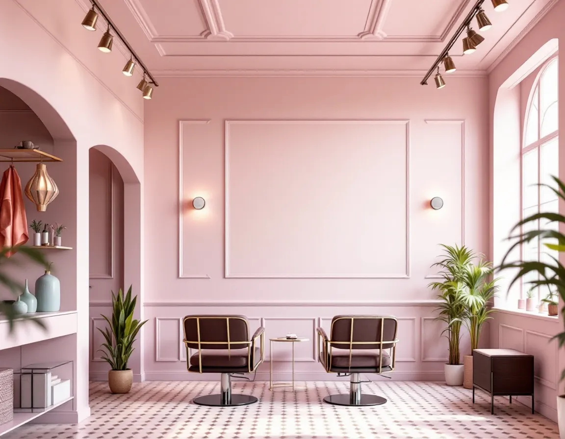 Salon de coiffure élégant avec deux petites enceintes discrètes fixées au plafond