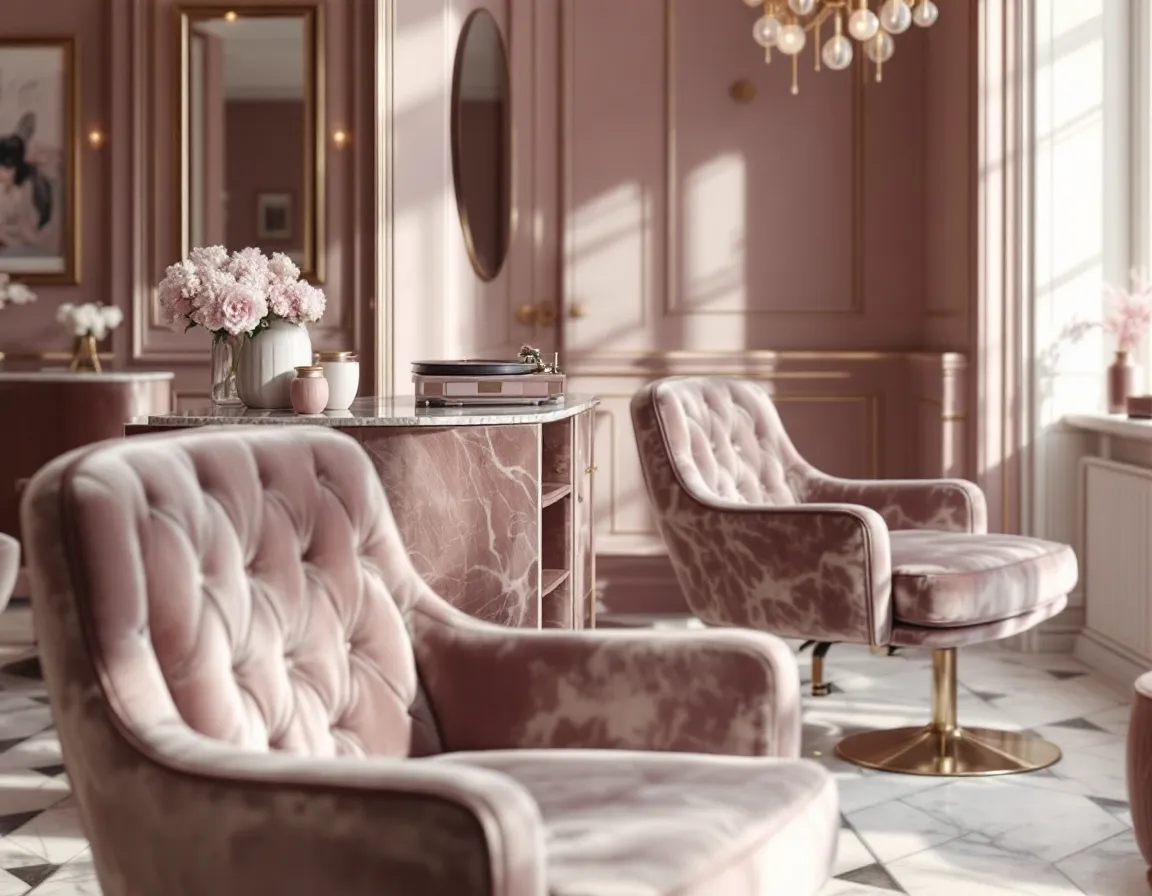 Salon de coiffure haut de gamme, fauteuils en velours rose, marbre et laiton, ambiance calme