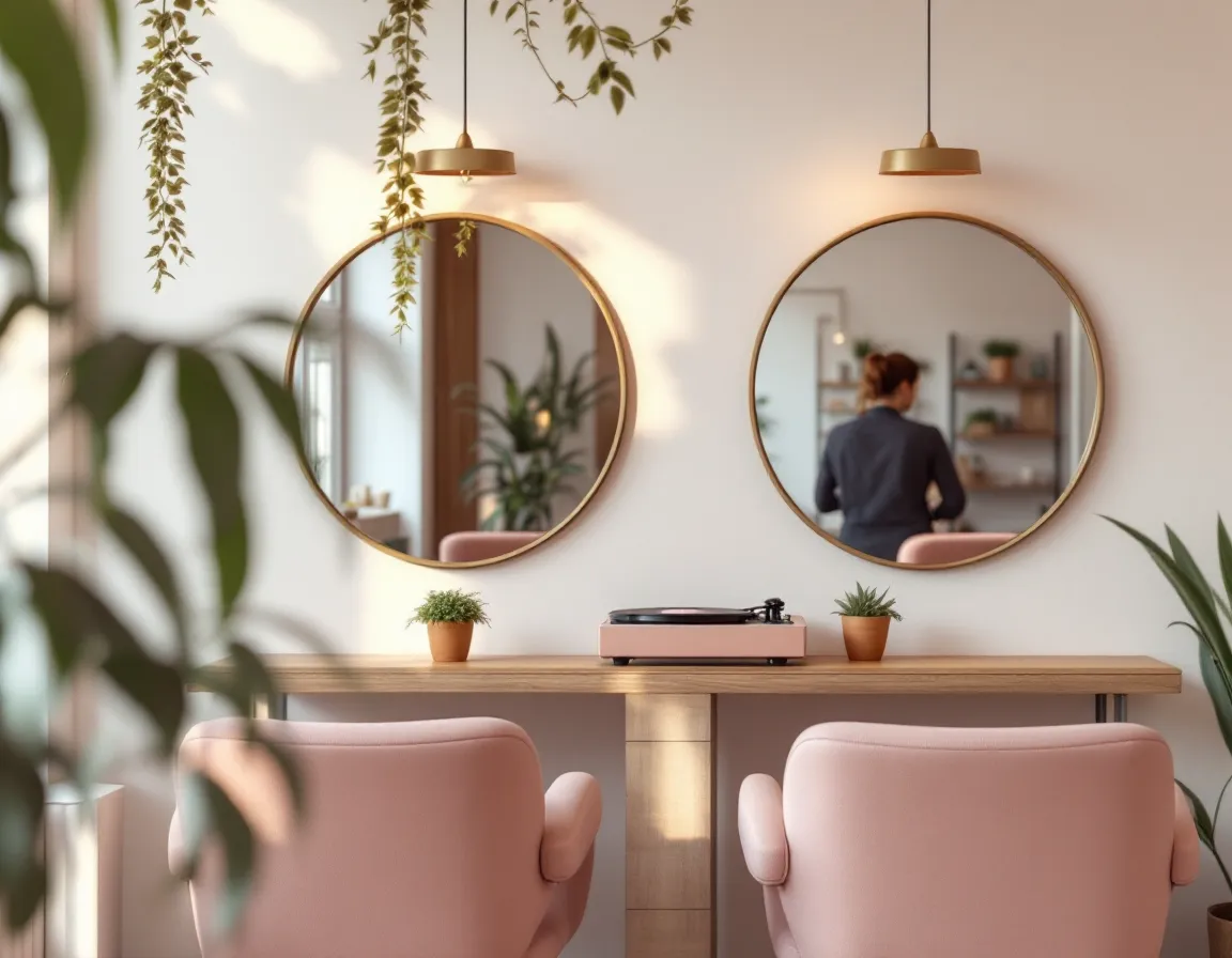 Salon de coiffure de quartier lumineux, deux fauteuils roses, miroirs ronds et platine vinyle sur le comptoir