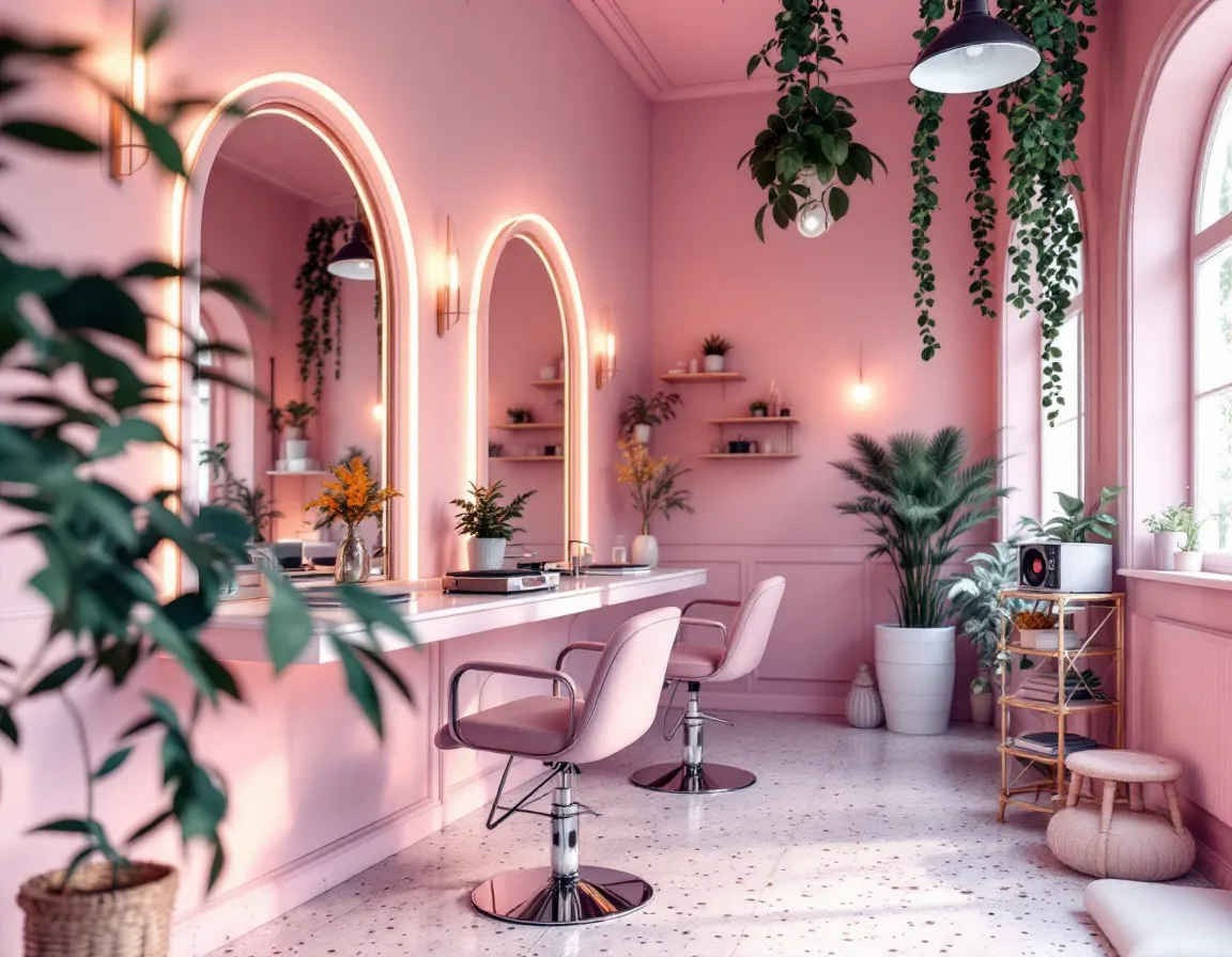 Salon de coiffure tendance aux murs roses, miroirs en arche et plantes suspendues