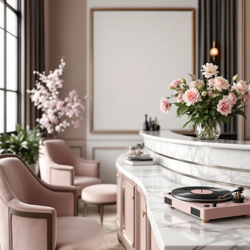 Hall d'un hôtel de charme, comptoir d'accueil en marbre, fauteuils en velours et platine vinyle