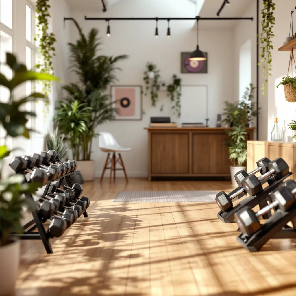 Studio de fitness lumineux, parquet, haltères rangés et platine vinyle sur le comptoir d'accueil