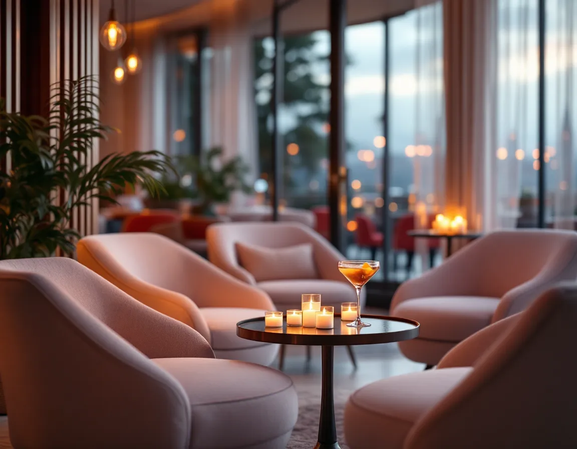 Bar lounge d'un hôtel le soir, fauteuils bas, cocktails et bougies