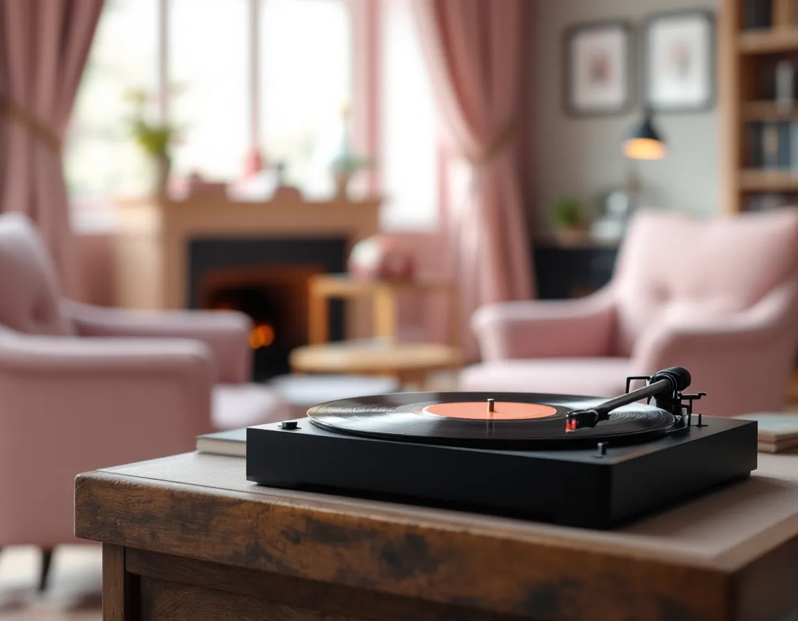 Salon d'un hôtel de charme avec cheminée, fauteuils et livres, platine vinyle