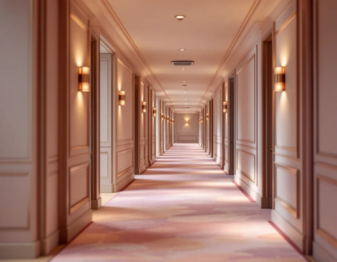 Couloir d'hôtel élégant avec moquette et appliques, petite enceinte au plafond
