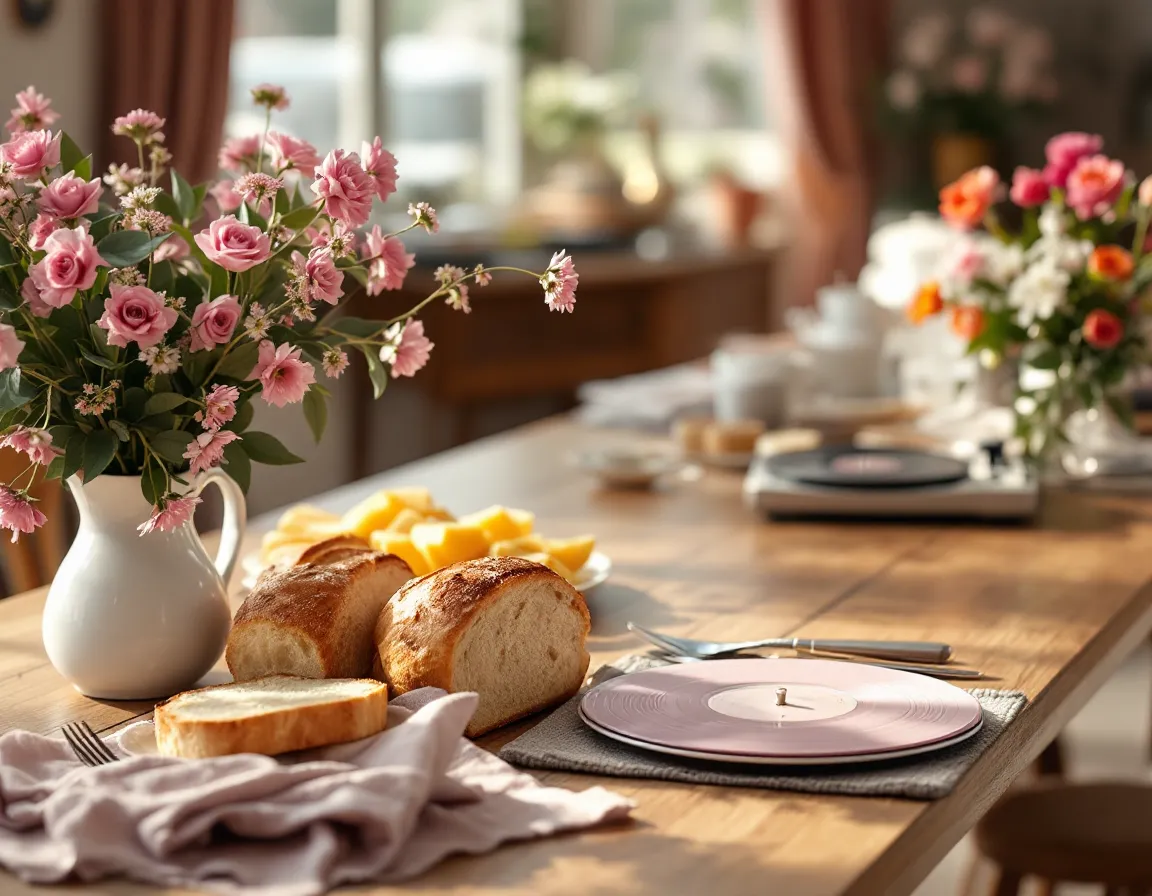 Salle du petit-déjeuner d'une maison d'hôtes avec longue table en bois, pain frais et fleurs, platine vinyle