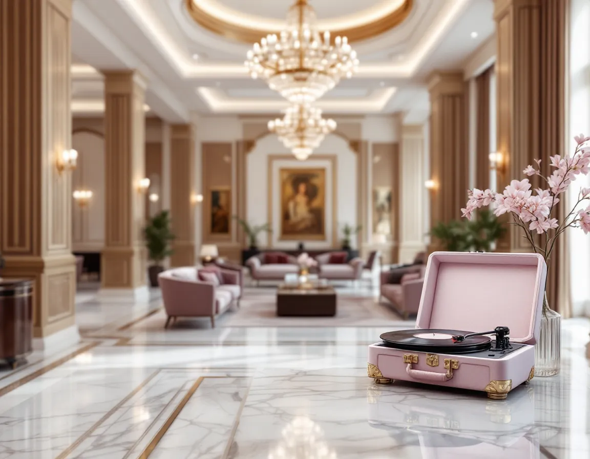 Grand hall d'un hôtel de luxe avec lustre, sol en marbre et canapés en velours, platine vinyle