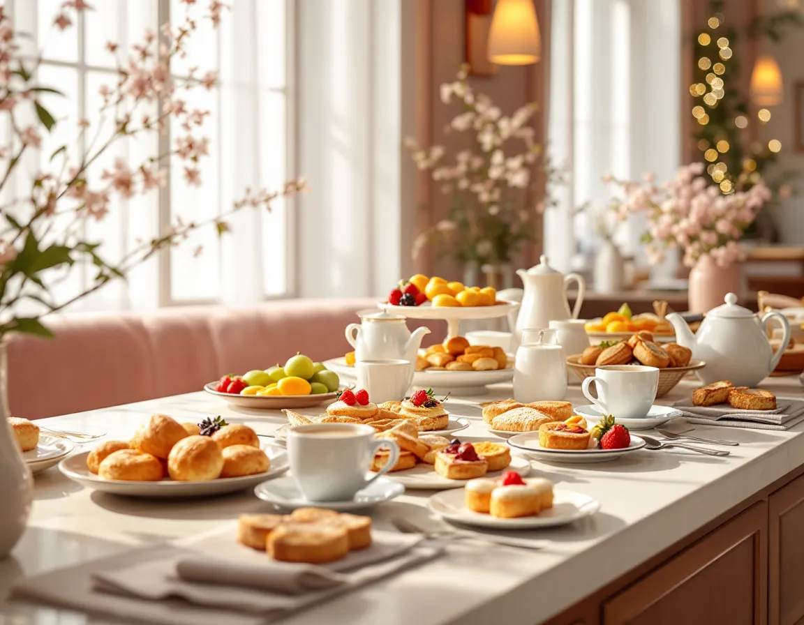 Buffet de petit-déjeuner d'un hôtel avec viennoiseries, fruits et café
