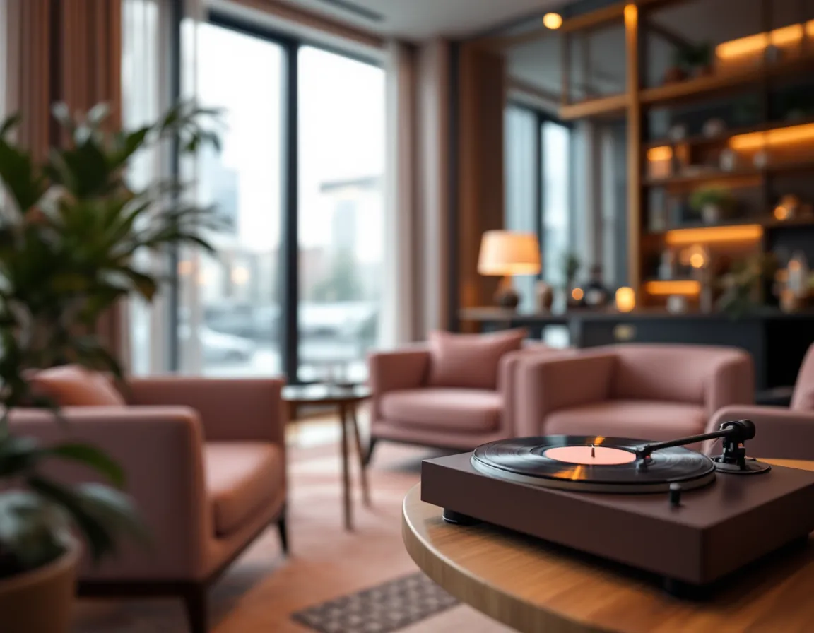 Hall d'un hôtel urbain moderne avec mobilier épuré et coin café, platine vinyle