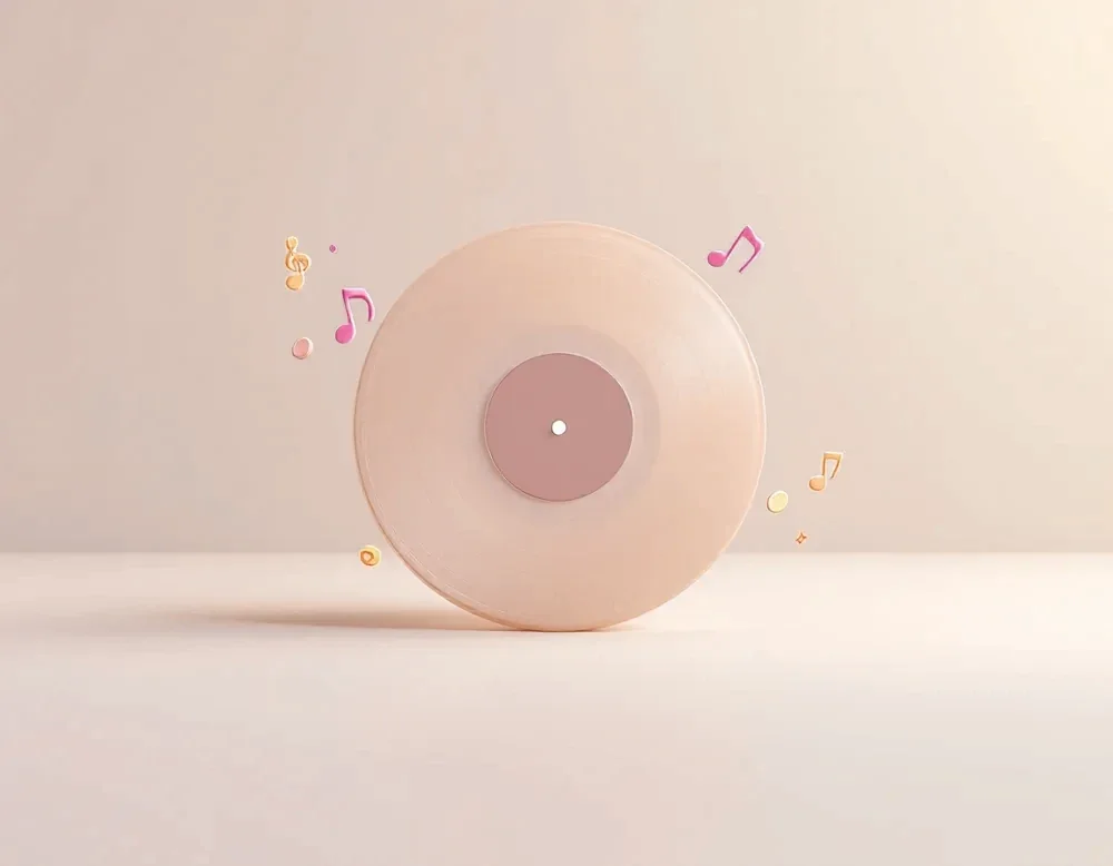 Illustration : un vinyle lilas entouré de notes de musique