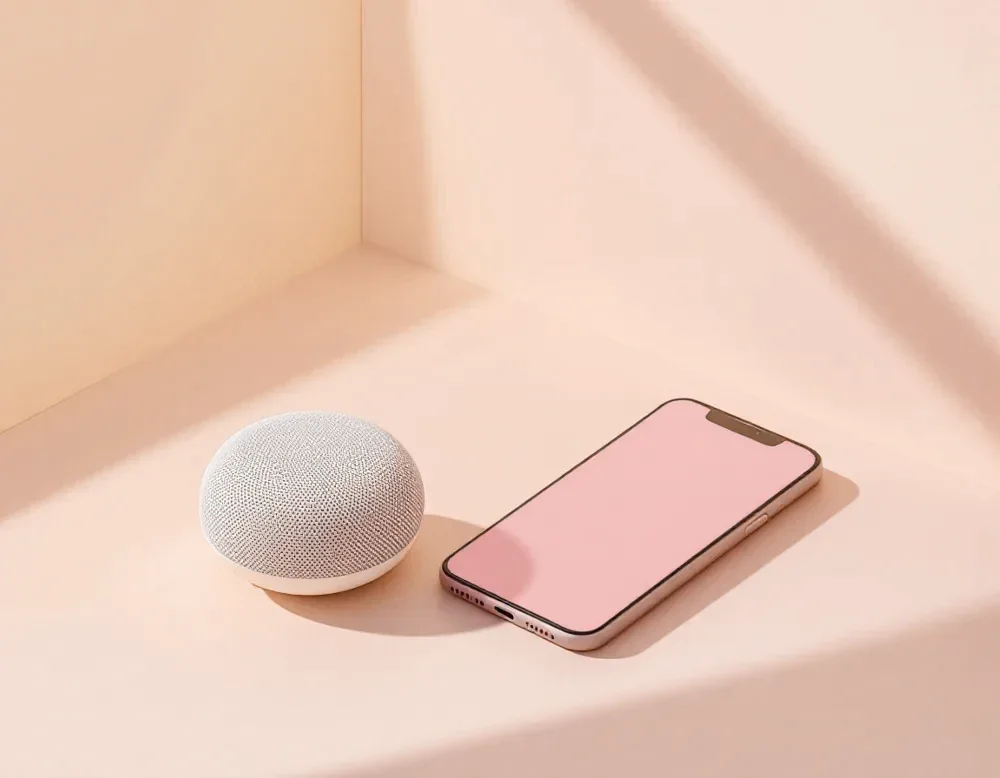 Illustration : une petite enceinte sans fil à côté d'un téléphone