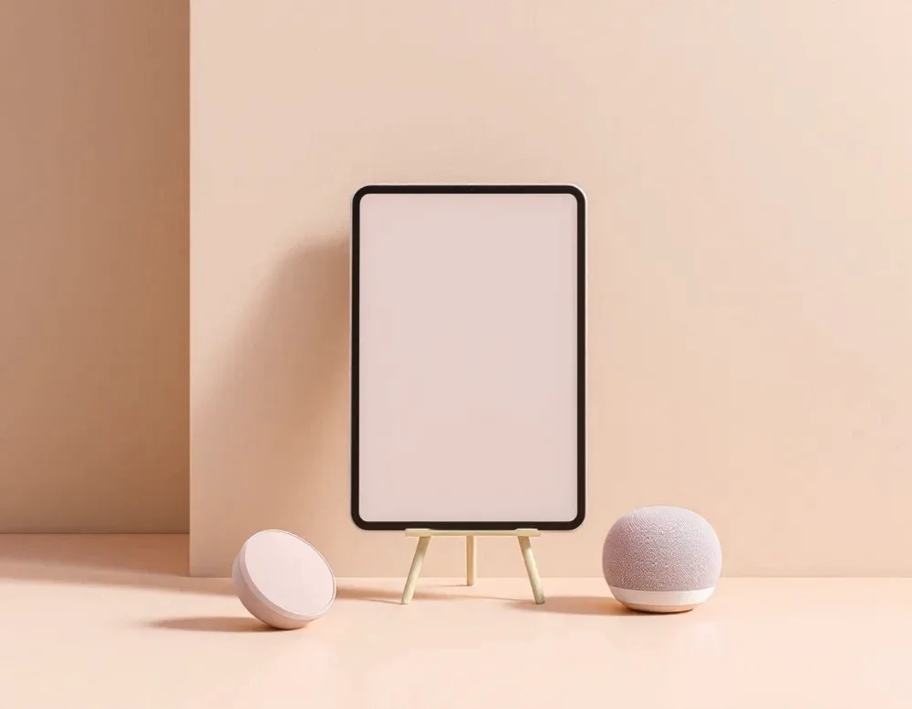 Illustration : une tablette posée à côté de deux petites enceintes