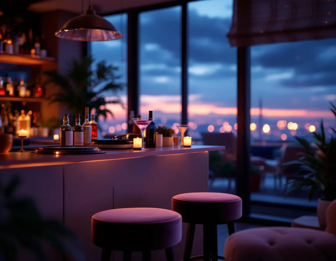 Bar à cocktails au crépuscule, tabourets en velours et bouteilles rétroéclairées