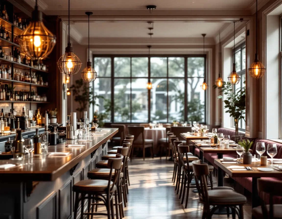 Restaurant avec le comptoir du bar au premier plan et la salle à manger au fond