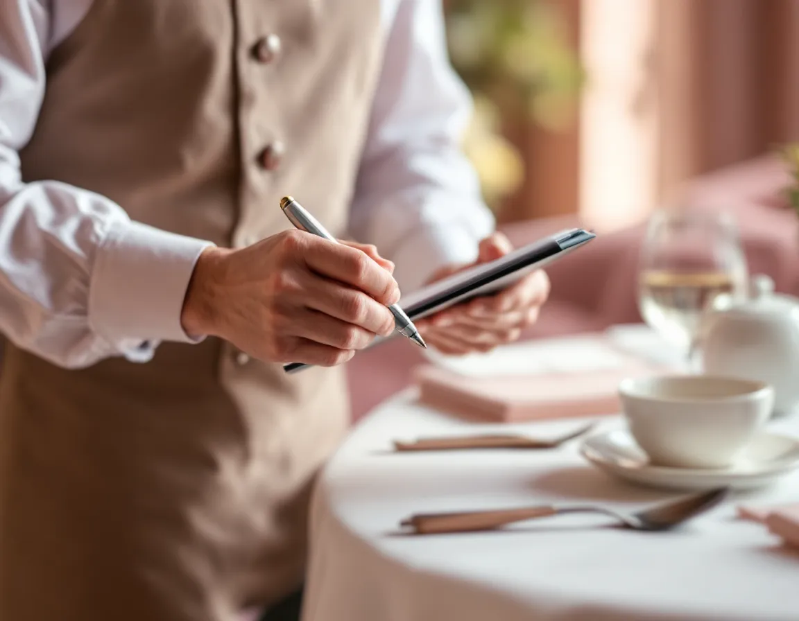 Main d'un serveur prenant une commande sur un carnet à côté d'une table dressée
