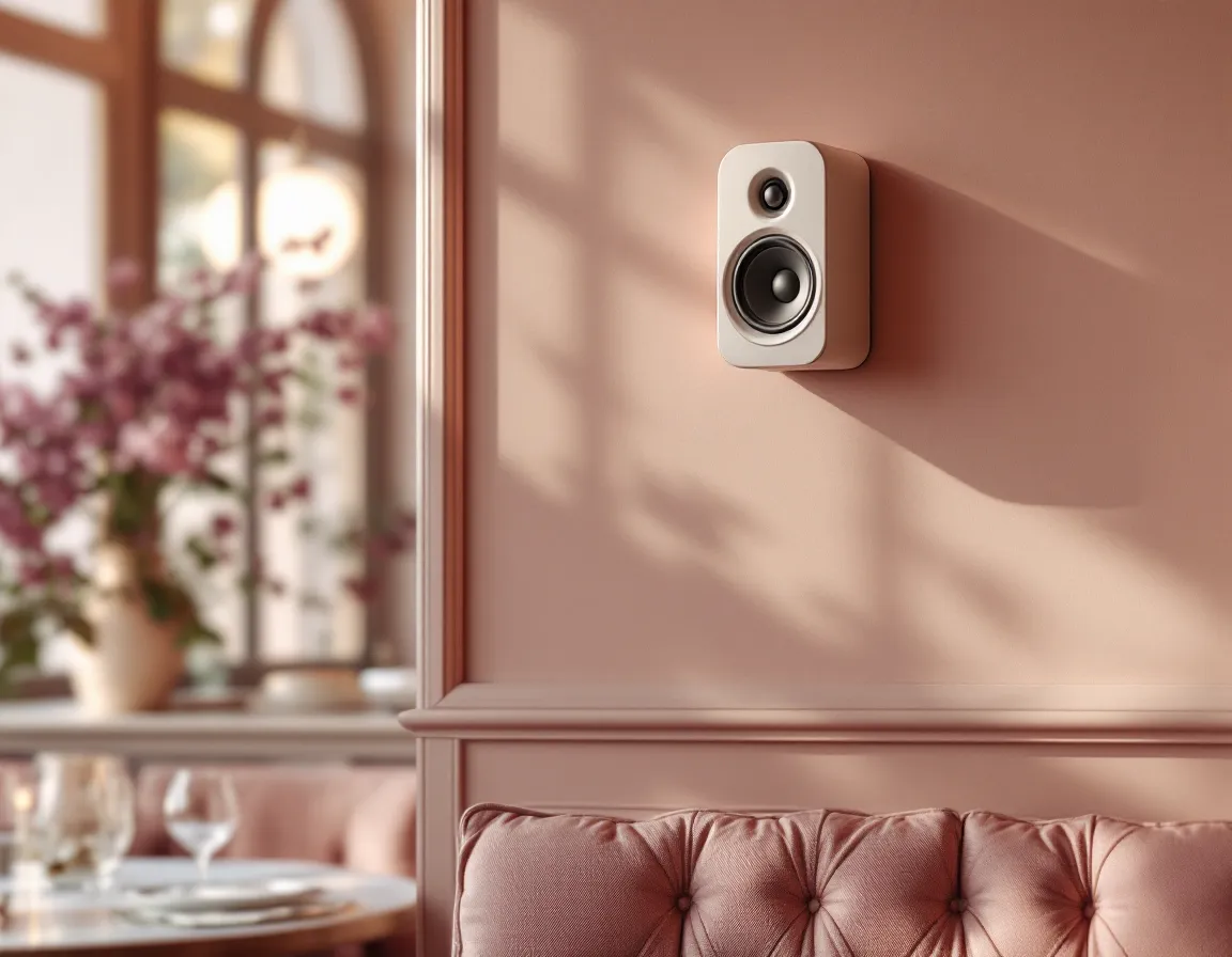 Petite enceinte fixée en hauteur au mur d'un restaurant, orientée vers la salle