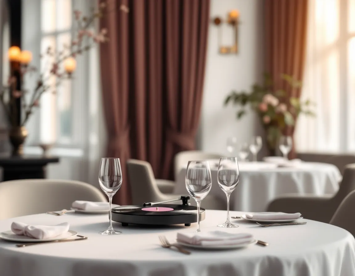 Salle de restaurant gastronomique, nappes blanches, verres en cristal et platine vinyle