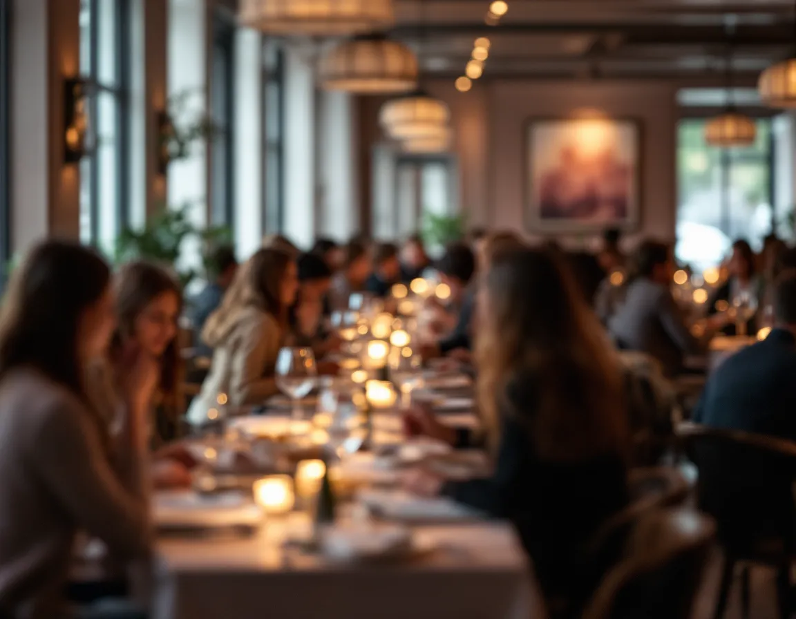 Salle de restaurant pleine au dîner, lumière chaude et bougies
