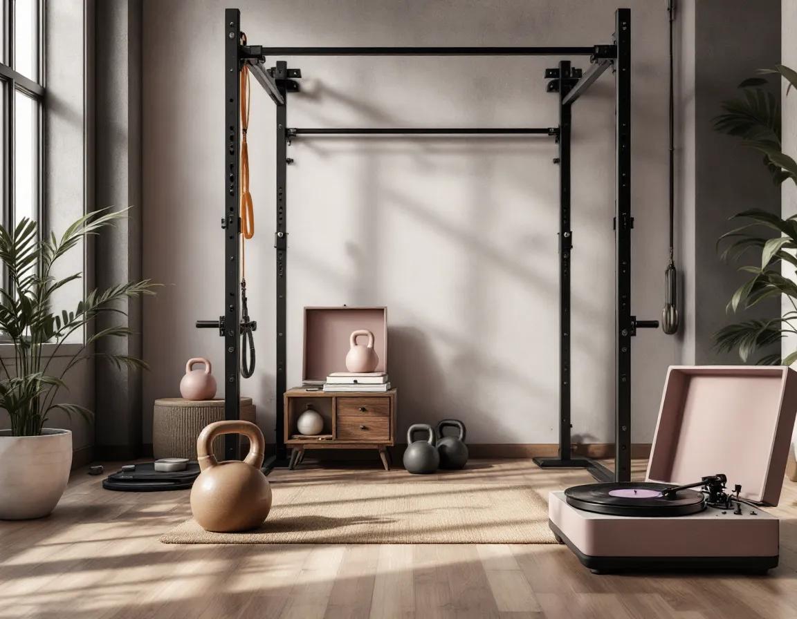 Box de cross-training avec barres, kettlebells, rameurs et structure de traction, platine vinyle