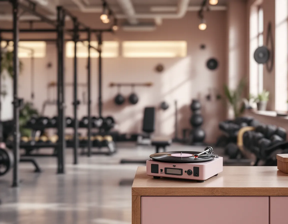 Plateau de musculation avec racks, bancs et haltères, platine vinyle sur une étagère