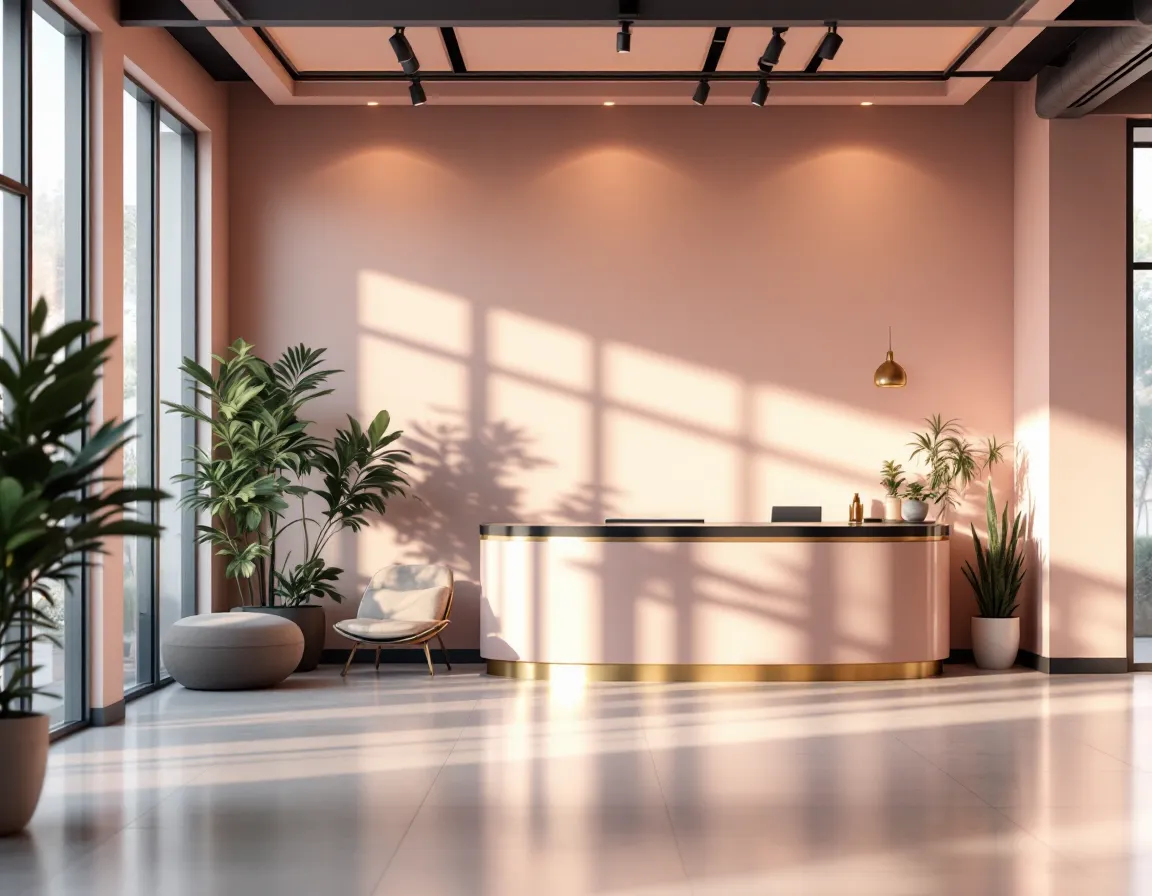 Espace d'accueil calme d'une salle de sport, comptoir et plantes
