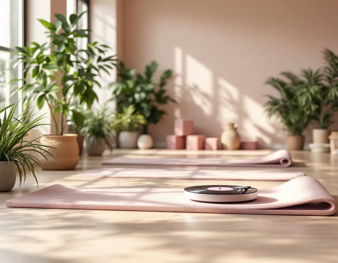 Studio de yoga et pilates calme avec tapis, briques et plantes, platine vinyle