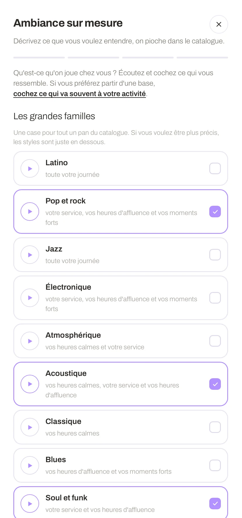 L'écran « Ambiance sur mesure » de PlaySafe : les familles de styles cochées