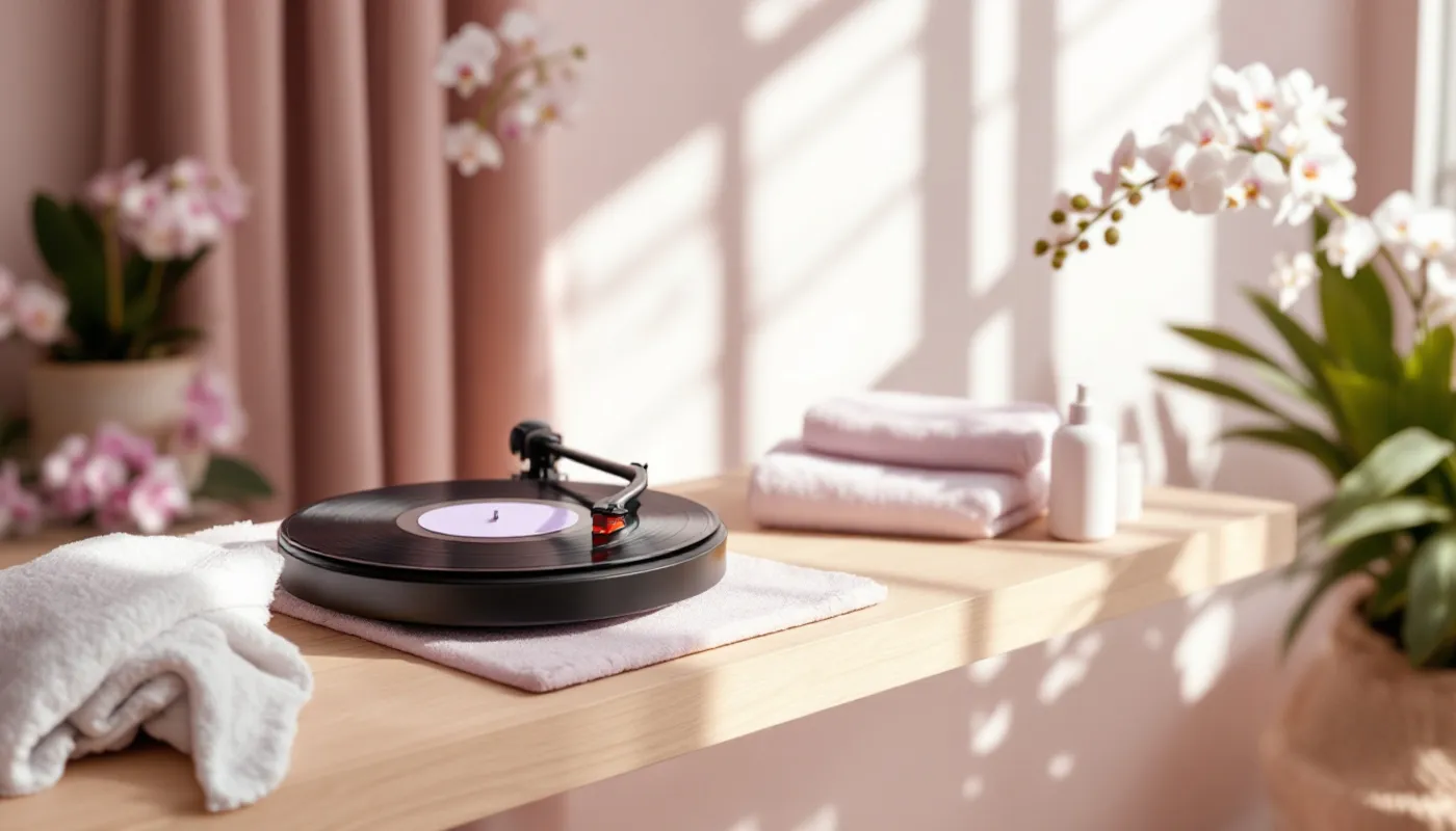 Une platine vinyle sur une étagère claire d'institut de beauté, serviettes roulées et orchidées
