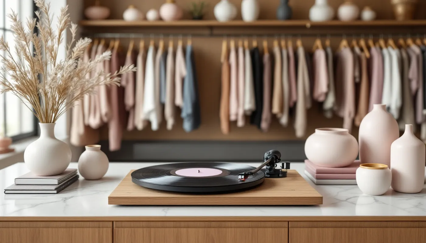Une platine vinyle sur le comptoir d'un concept store, portants de vêtements et céramiques