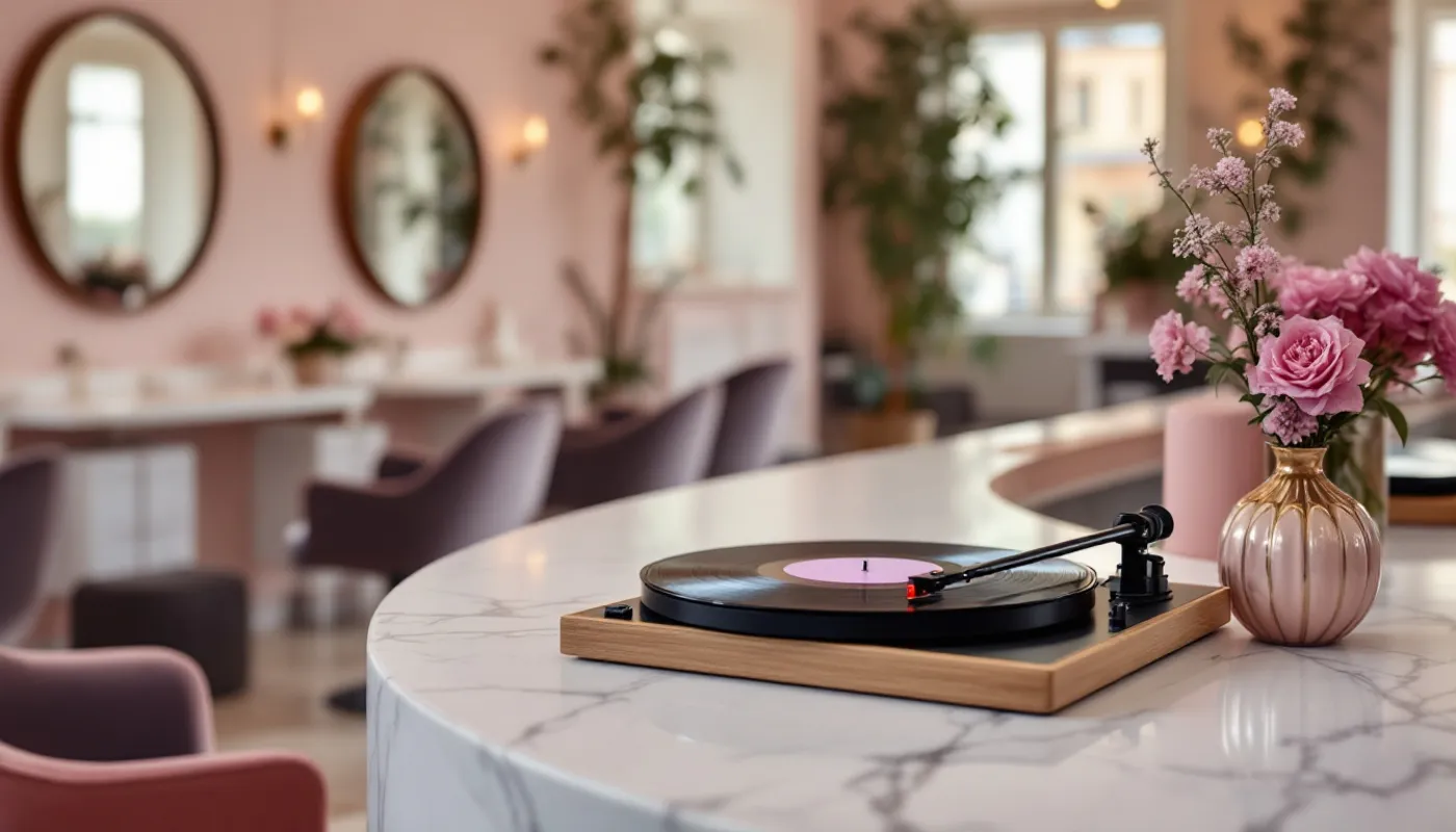 Une platine vinyle sur le comptoir en marbre d'un salon de coiffure, fauteuils en velours et miroirs ronds